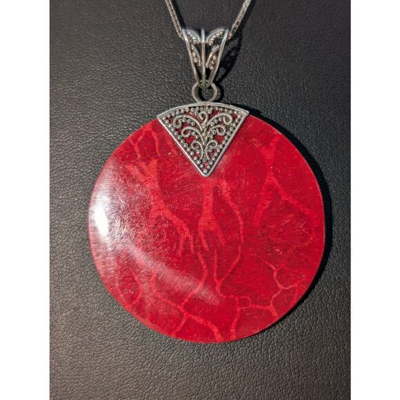 Vtg 925 Sterling Silver Bali Design Red Sponge Coral Pendant Box Chain Necklace - Picture 8 of 10